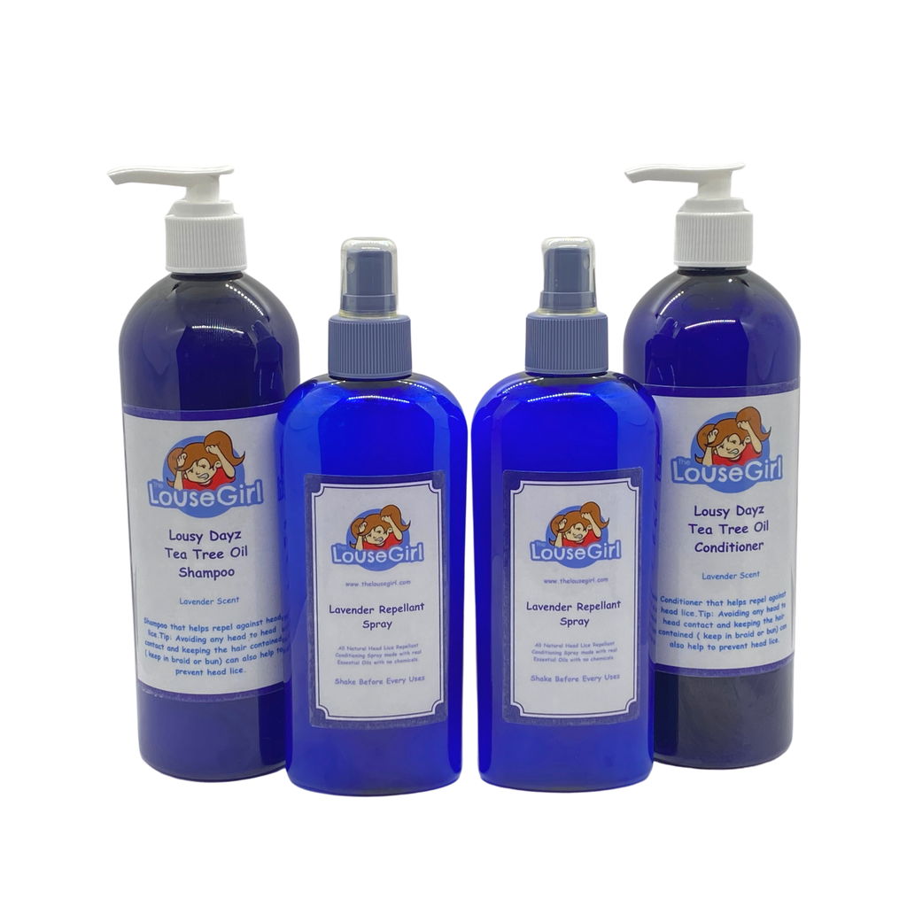 Prevention Pack that includes 16oz tea tree oil shampoo and conditioner, also includes two 8oz tea tree oil repellent sprays. Repels against head lice. 