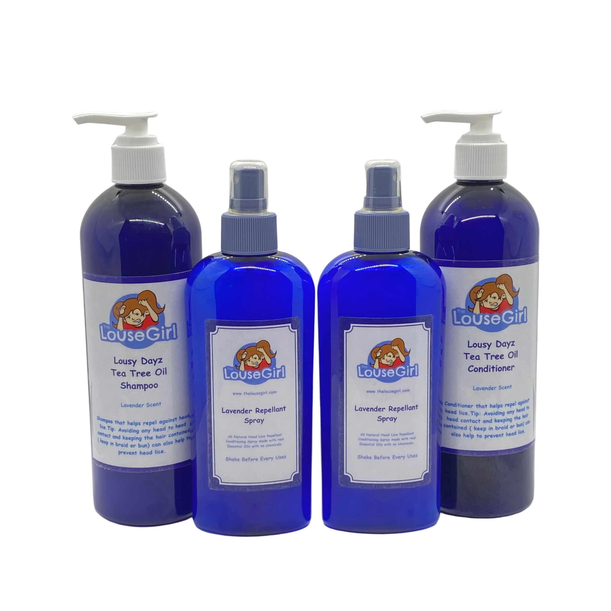 Prevention Pack that includes 16oz tea tree oil shampoo and conditioner, also includes two 8oz tea tree oil repellent sprays. Repels against head lice. 