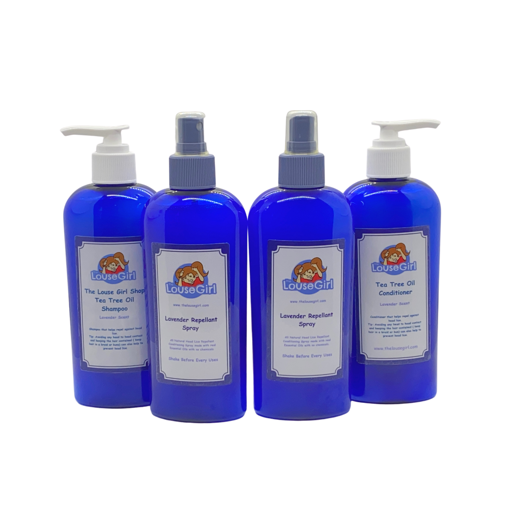 Prevention Pack that includes 8oz tea tree oil shampoo and conditioner and two 8oz tea tree oil repellent sprays.. The pack helps prevent and repels against head lice.